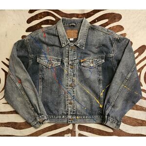 Vintage 80s Edwin Japanese Denim Black Stonewash "Big Jacket" Paint Splatter L
